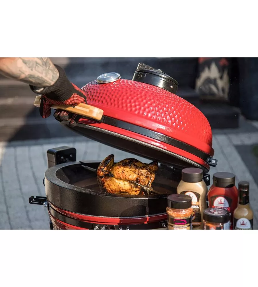 BARBECUE A CARBONE KAMADO BONO "MEDIA 20" IN CERAMICA ROSSO CON ROTELLE 78X60X75 CM