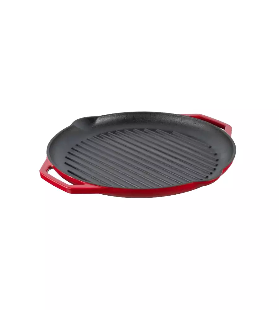PIASTRA RIGATA KAMADO BONO IN GHISA SMALTATA ROSSA CON MANICI 34 CM