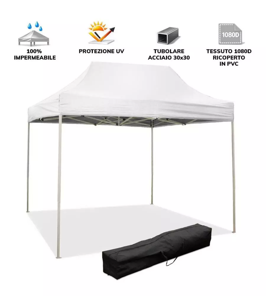 GAZEBO RICHIUDIBILE PIEGHEVOLE RIVIERA IN TESSUTO IMPERMEABILE E ANTI UV BIANCO 3X2 M
