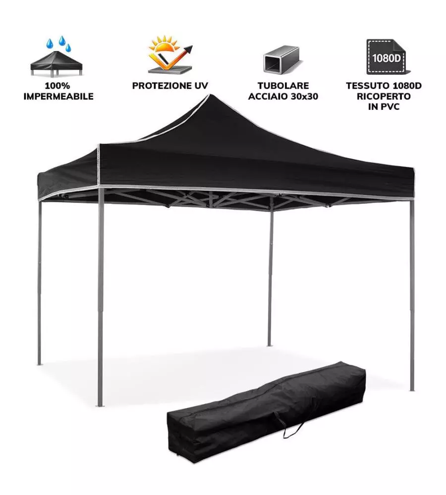 GAZEBO RICHIUDIBILE PIEGHEVOLE RIVIERA IN TESSUTO IMPERMEABILE E ANTI UV NERO 3X3 M