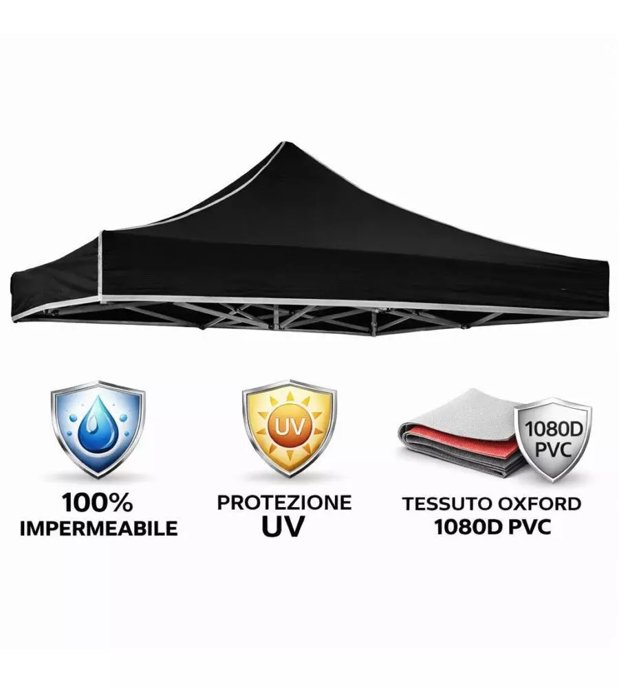 GAZEBO RICHIUDIBILE PIEGHEVOLE RIVIERA IN TESSUTO IMPERMEABILE E ANTI UV NERO 3X3 M