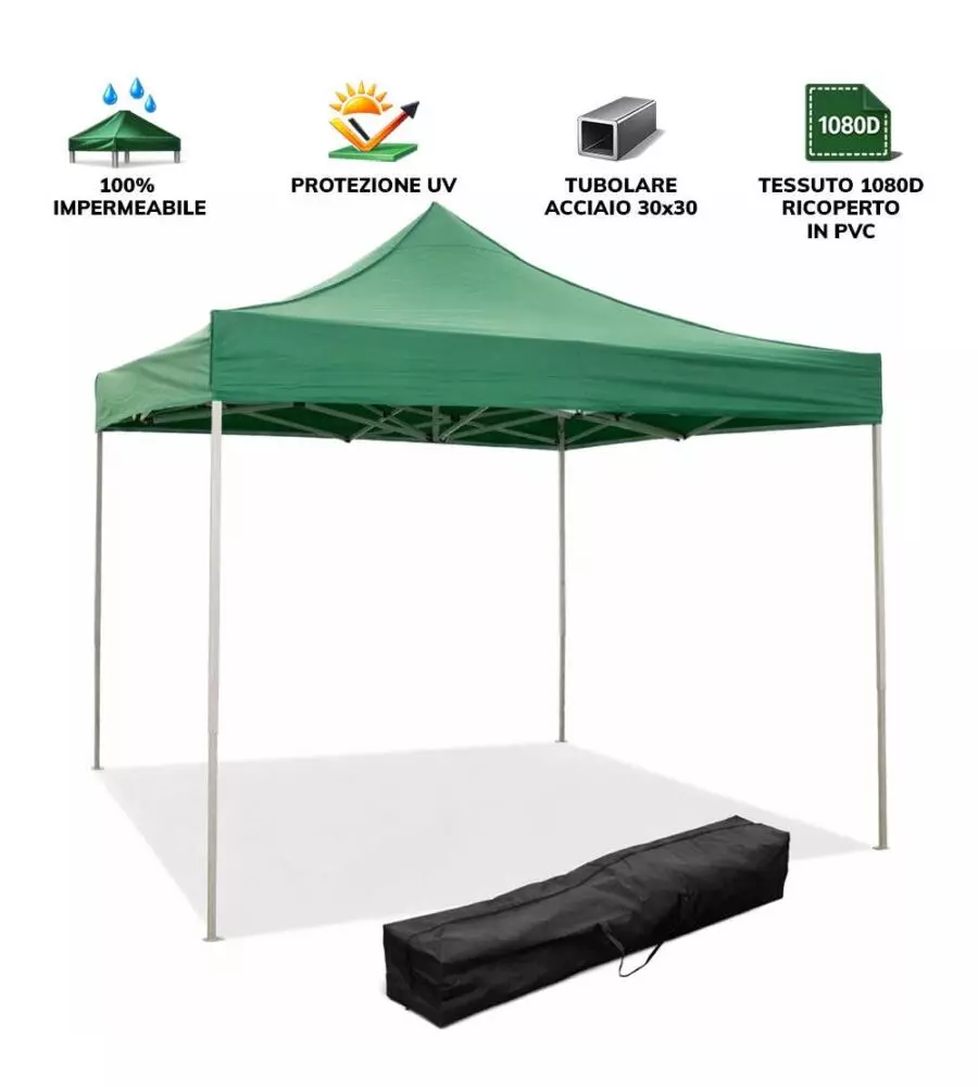 GAZEBO RICHIUDIBILE PIEGHEVOLE RIVIERA IN TESSUTO IMPERMEABILE E ANTI UV VERDE 3X3 M