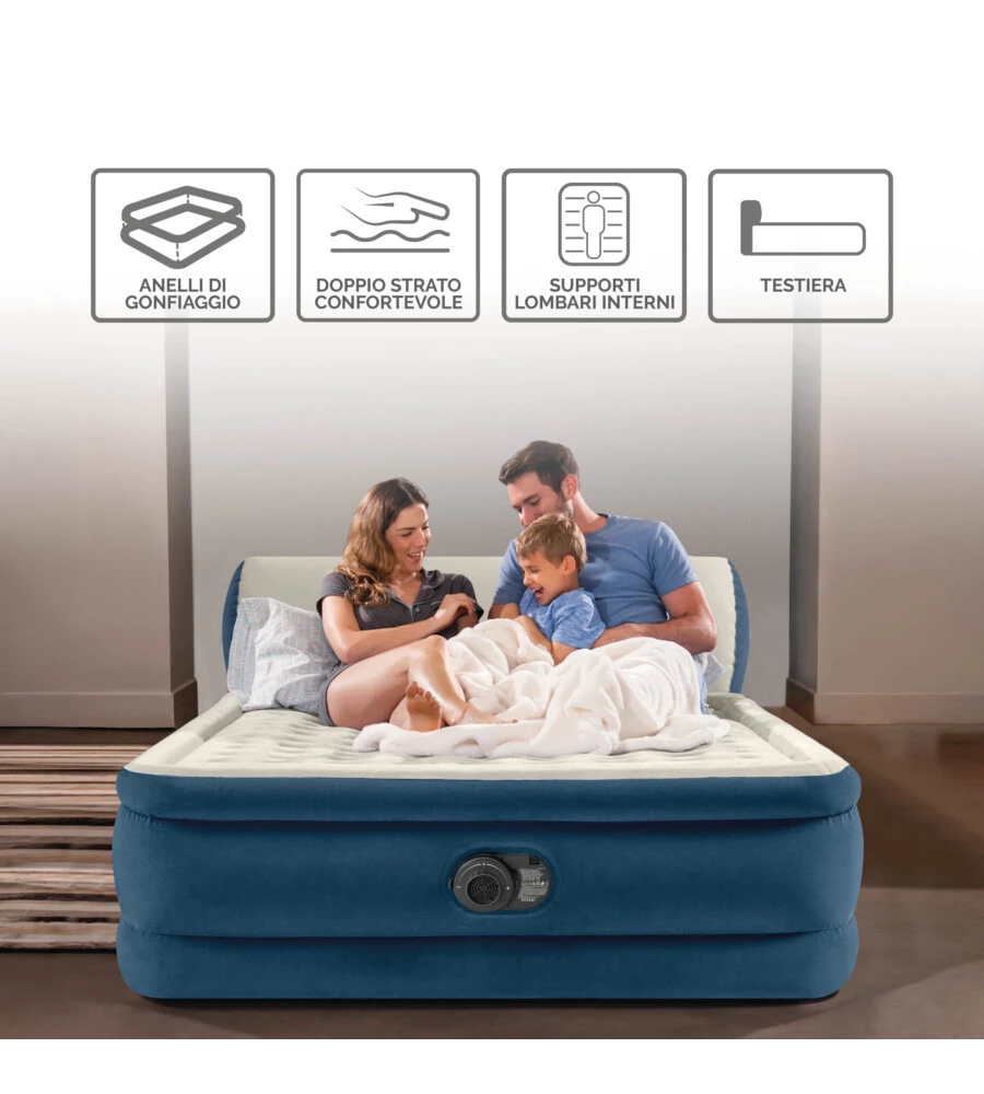 MATERASSO MATRIMONIALE GONFIABILE INTEX "SILKY BED" BEIGE E BLU CON TESTIERA E POMPA ELETTRICA INTEGRATA 229X152X79 CM - COD. 64460ND