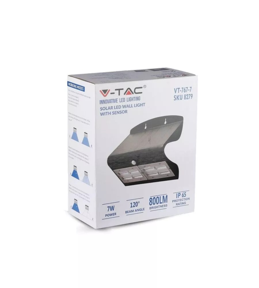 LAMPADA LED SOLARE A MURO DA ESTERNO VTAC NERO 4000K