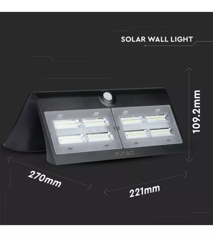 LAMPADA LED SOLARE A MURO DA ESTERNO VTAC NERO 4000K