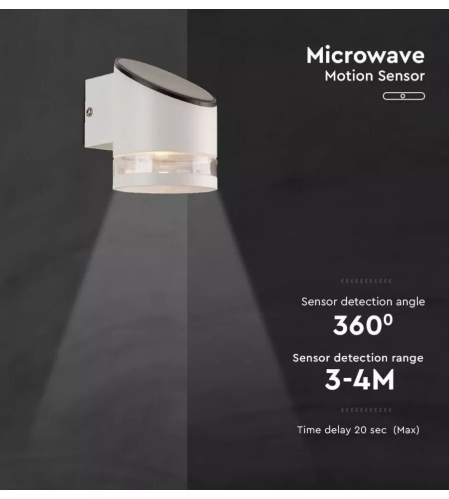 APPLIQUE LED DA ESTERNO VTAC BIANCO CILINDRICA OBLIQUA CON SENSORE 3000K