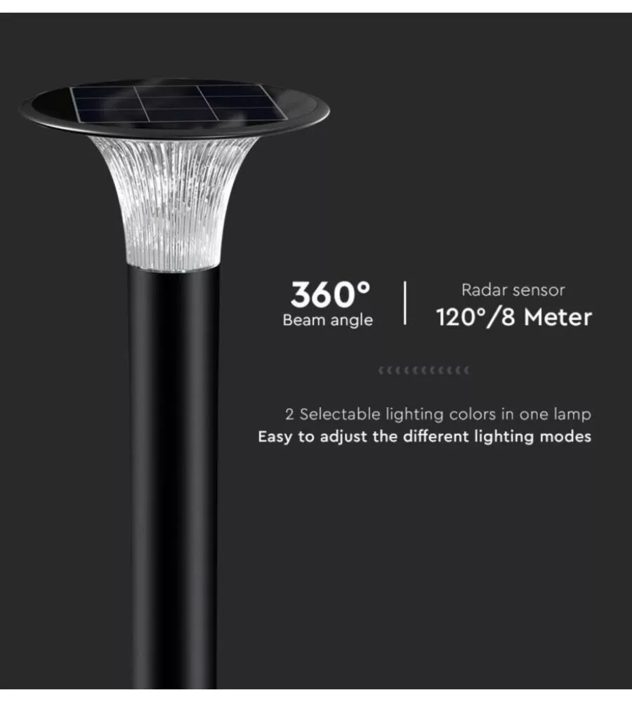 PALO LED SOLARE DA TERRA VTAC NERO 6000K+4000K