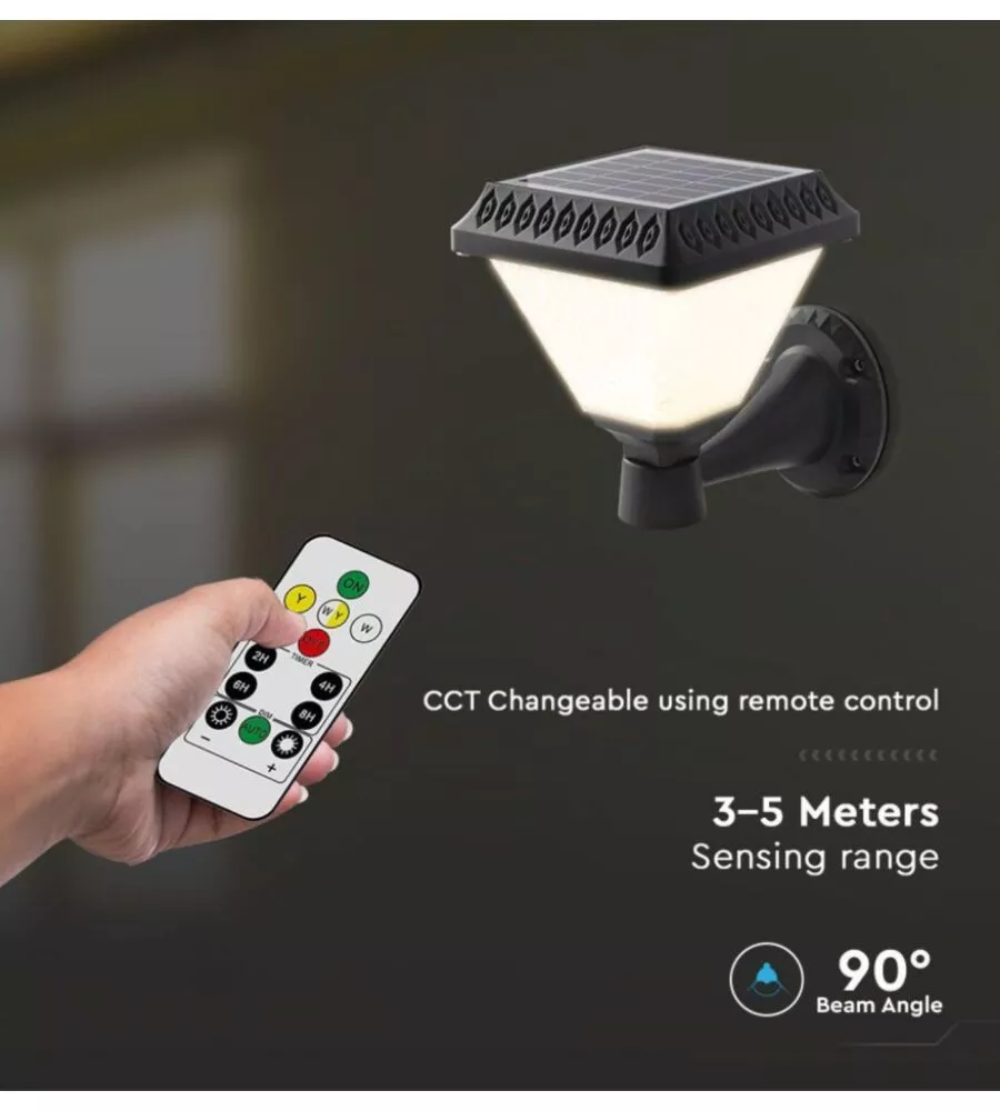 APPLIQUE LED SOLARE VTAC NERO A PIRAMIDE CON TELECOMANDO 3IN1