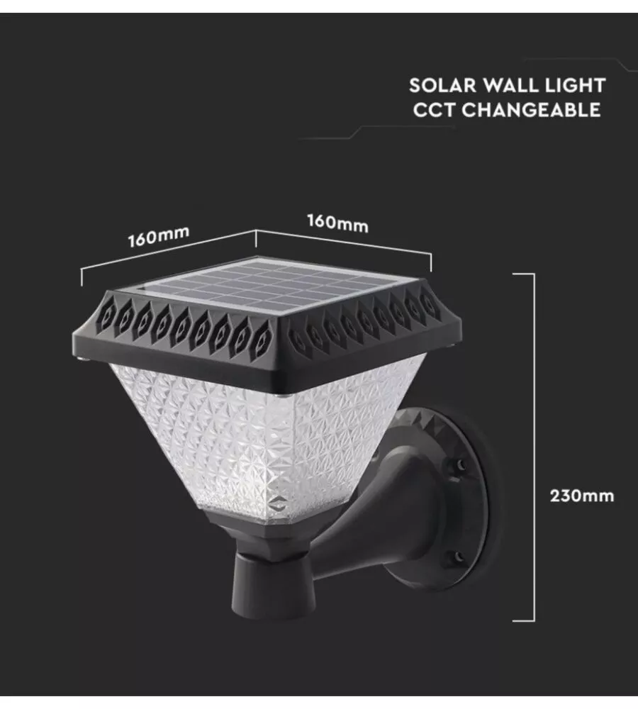 APPLIQUE LED SOLARE VTAC NERO A PIRAMIDE CON TELECOMANDO 3IN1