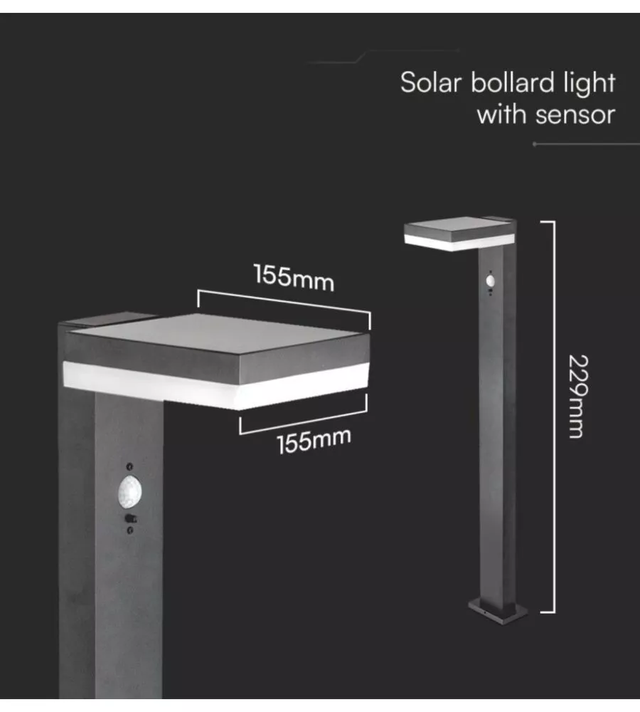 PIANTANA LED SOLARE DA ESTERNO VTAC QUADRATA NERO 3000K