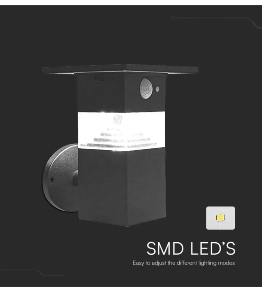 APPLIQUE LED SOLARE DA ESTERNO VTAC NERO CON SENSORE 3000K