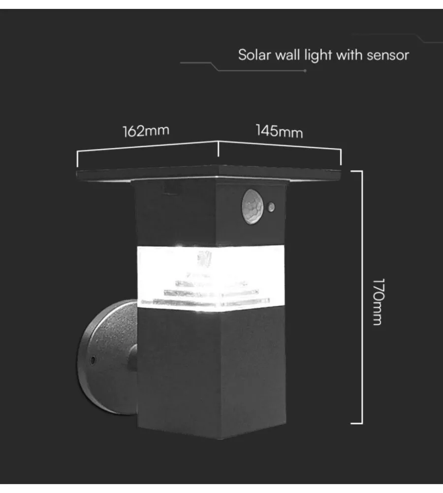 APPLIQUE LED SOLARE DA ESTERNO VTAC NERO CON SENSORE 3000K