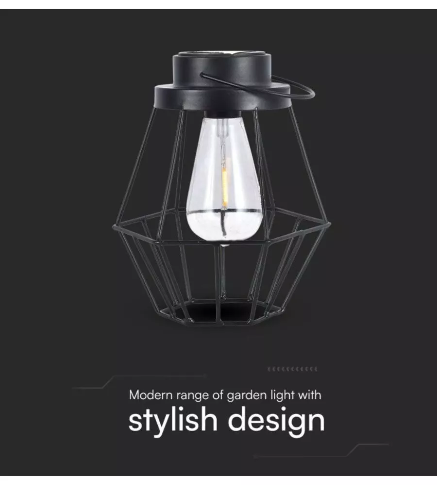 LAMPADA LED SOLARE DA ESTERNO RICARICABILE VTAC NERO VINTAGE 3000K
