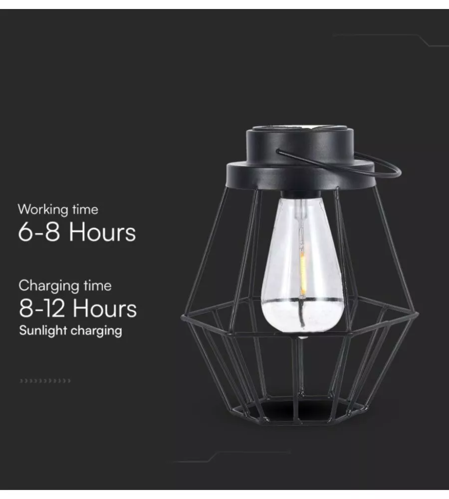 LAMPADA LED SOLARE DA ESTERNO RICARICABILE VTAC NERO VINTAGE 3000K