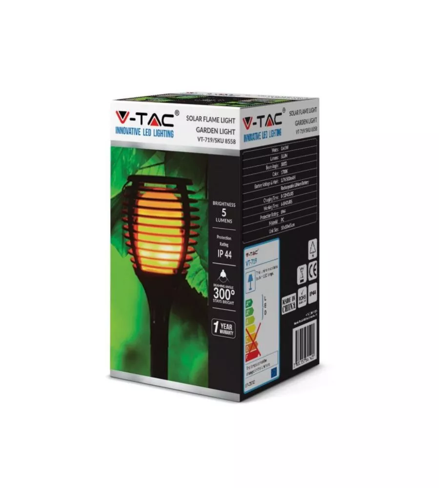 LAMPADA LED SOLARE DA ESTERNO A FORMA DI TORCIA  MULTI APPLICABILE VTAC NERO 2200 K