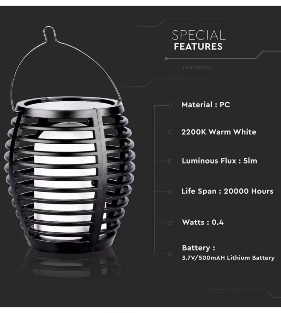 LAMPADA LED SOLARE DA ESTERNO A FORMA DI TORCIA  MULTI APPLICABILE VTAC NERO 2200 K
