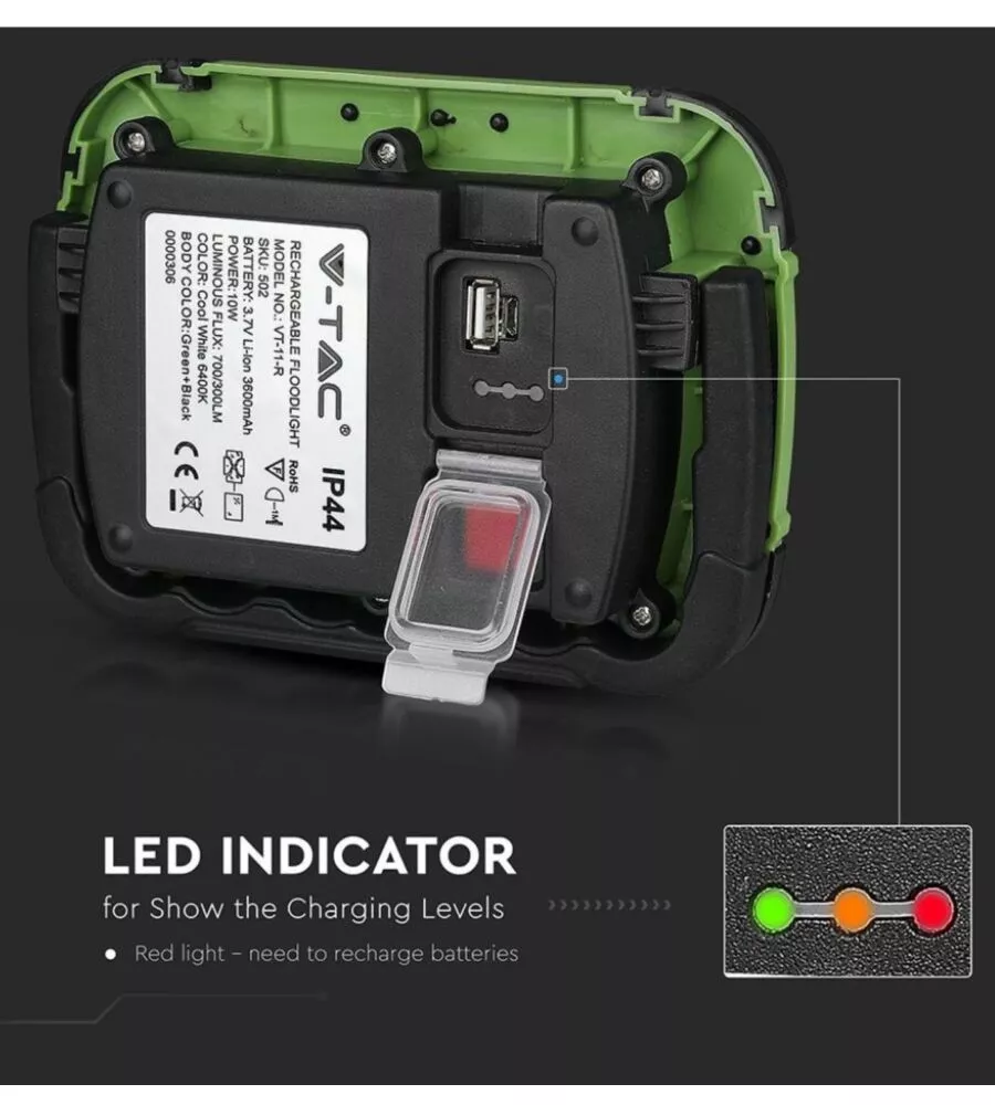 FARO LED RICARICABILE VTAC VERDE 4000K 10W