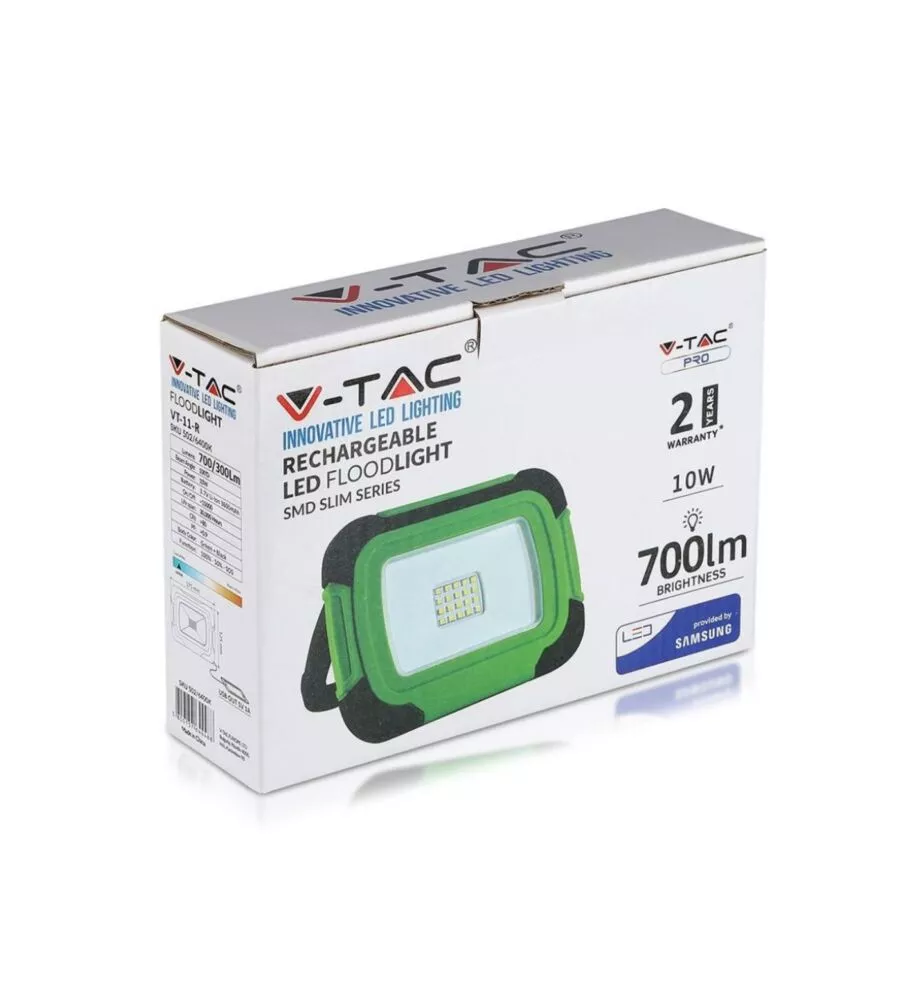 FARO LED RICARICABILE VTAC CON SOS FLASH VERDE 6400K 10W