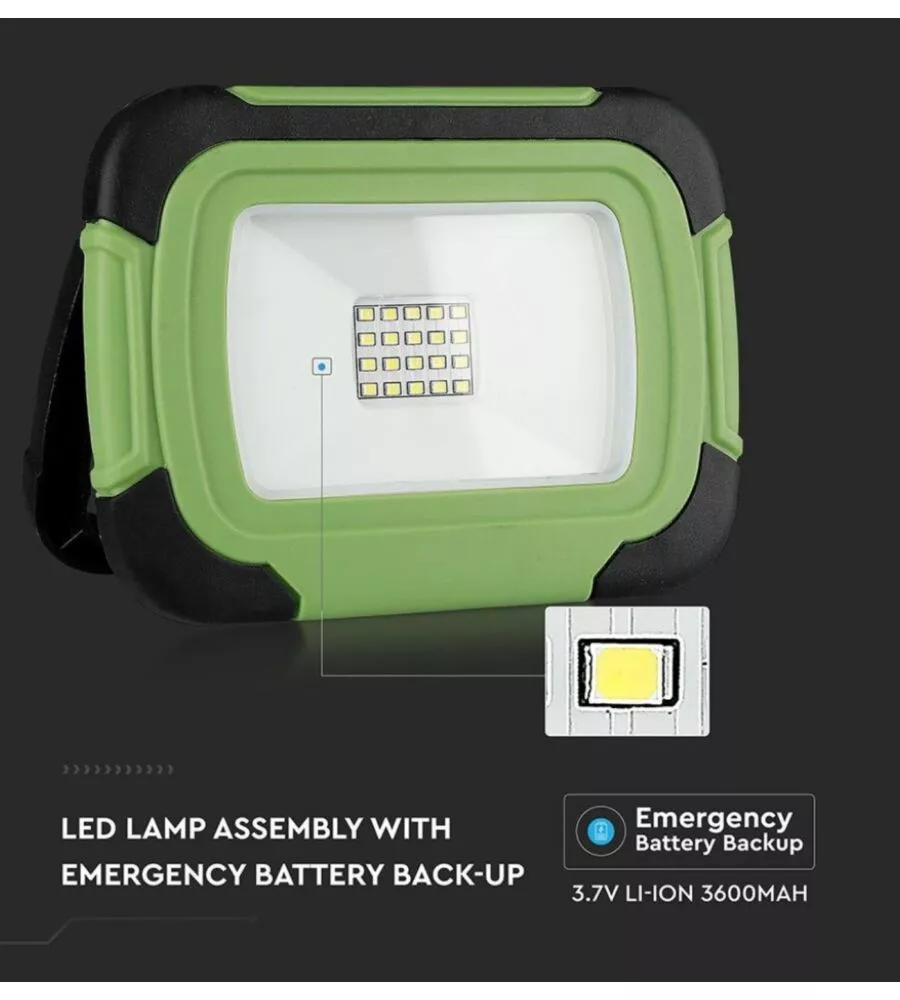 FARO LED RICARICABILE VTAC CON SOS FLASH VERDE 6400K 10W