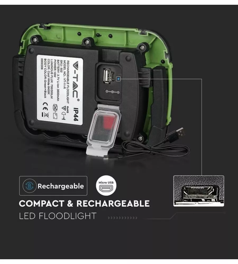 FARO LED RICARICABILE VTAC CON SOS FLASH VERDE 6400K 10W
