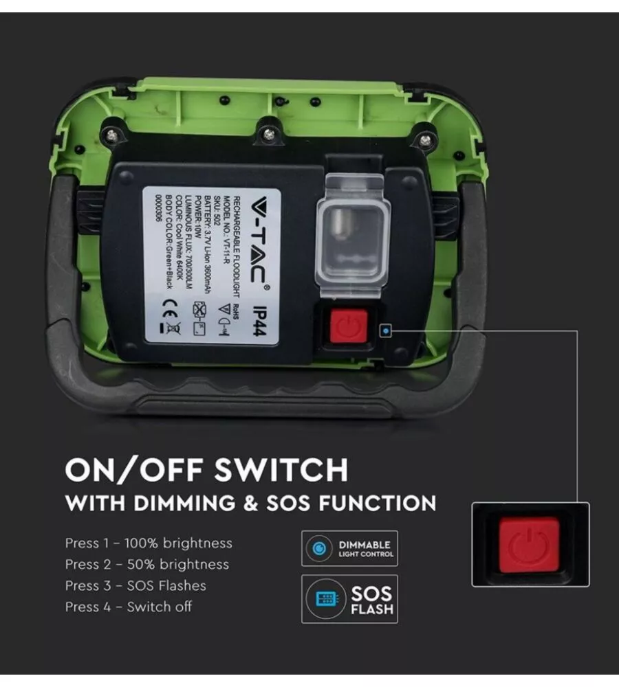 FARO LED RICARICABILE VTAC CON SOS FLASH VERDE 6400K 10W