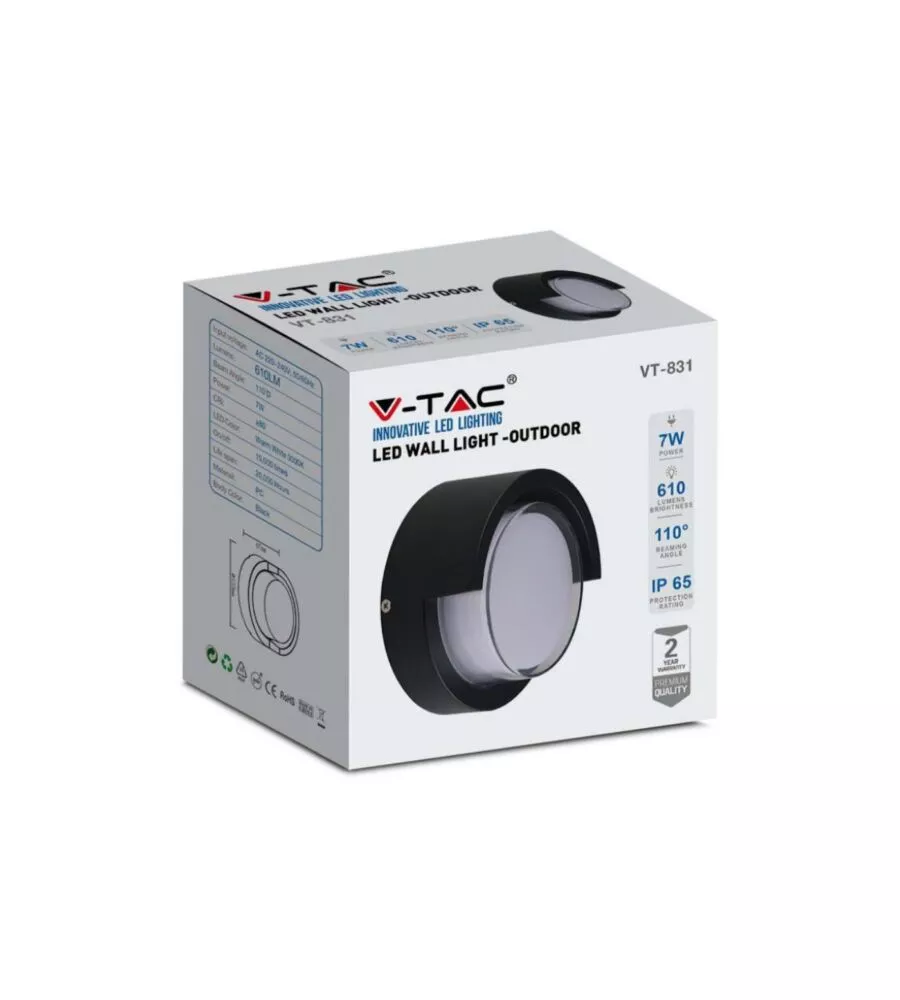 APPLIQUE LED DA ESTERNO ROTONDA SEMICOPERTA VTAC NERO 3000K 7W