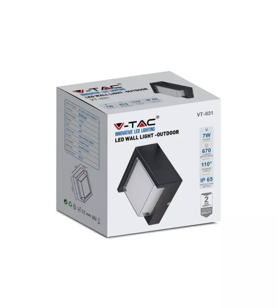 APPLIQUE LED DA ESTERNO QUADRATA SEMICOPERTA VTAC NERO 3000K 7W