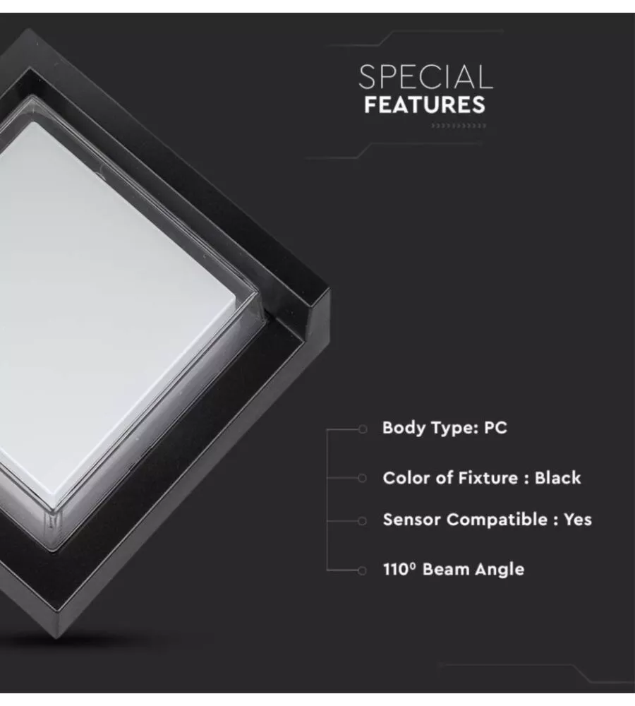APPLIQUE LED DA ESTERNO QUADRATA SEMICOPERTA VTAC NERO 3000K 7W