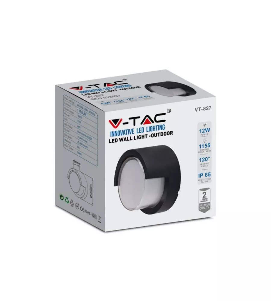APPLIQUE LED DA ESTERNO ROTONDA SEMICOPERTA VTAC NERO 3000K 12W