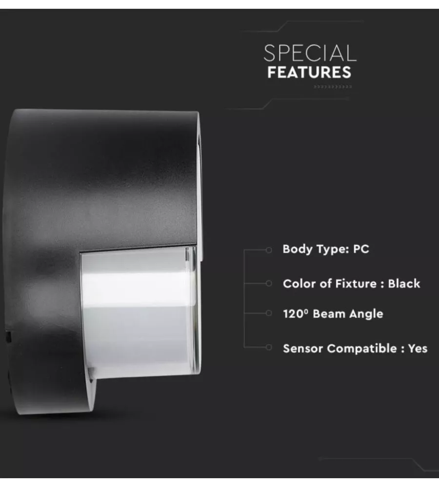 APPLIQUE LED DA ESTERNO ROTONDA SEMICOPERTA VTAC NERO 3000K 12W