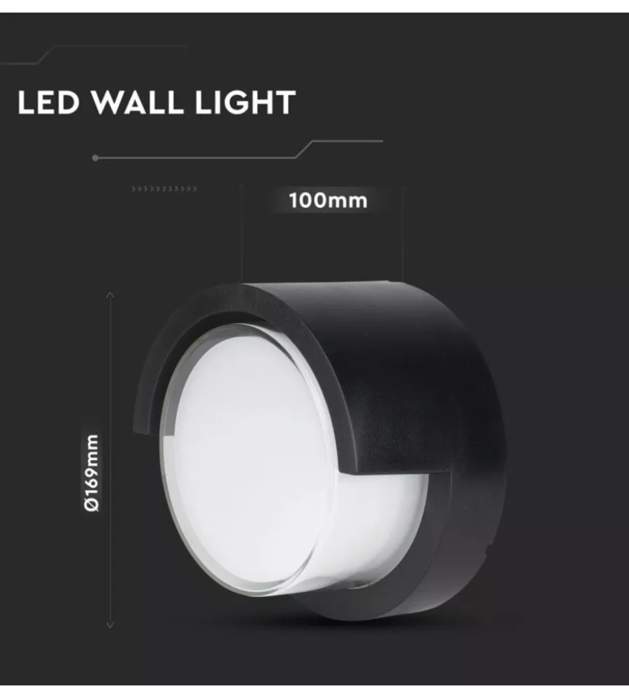 APPLIQUE LED DA ESTERNO ROTONDA SEMICOPERTA VTAC NERO 4000K 12W
