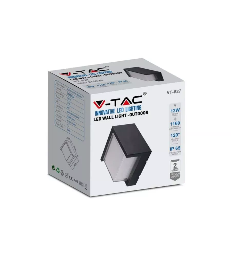 APPLIQUE LED DA ESTERNO QUADRATA SEMICOPERTA VTAC NERO 4000K 12W