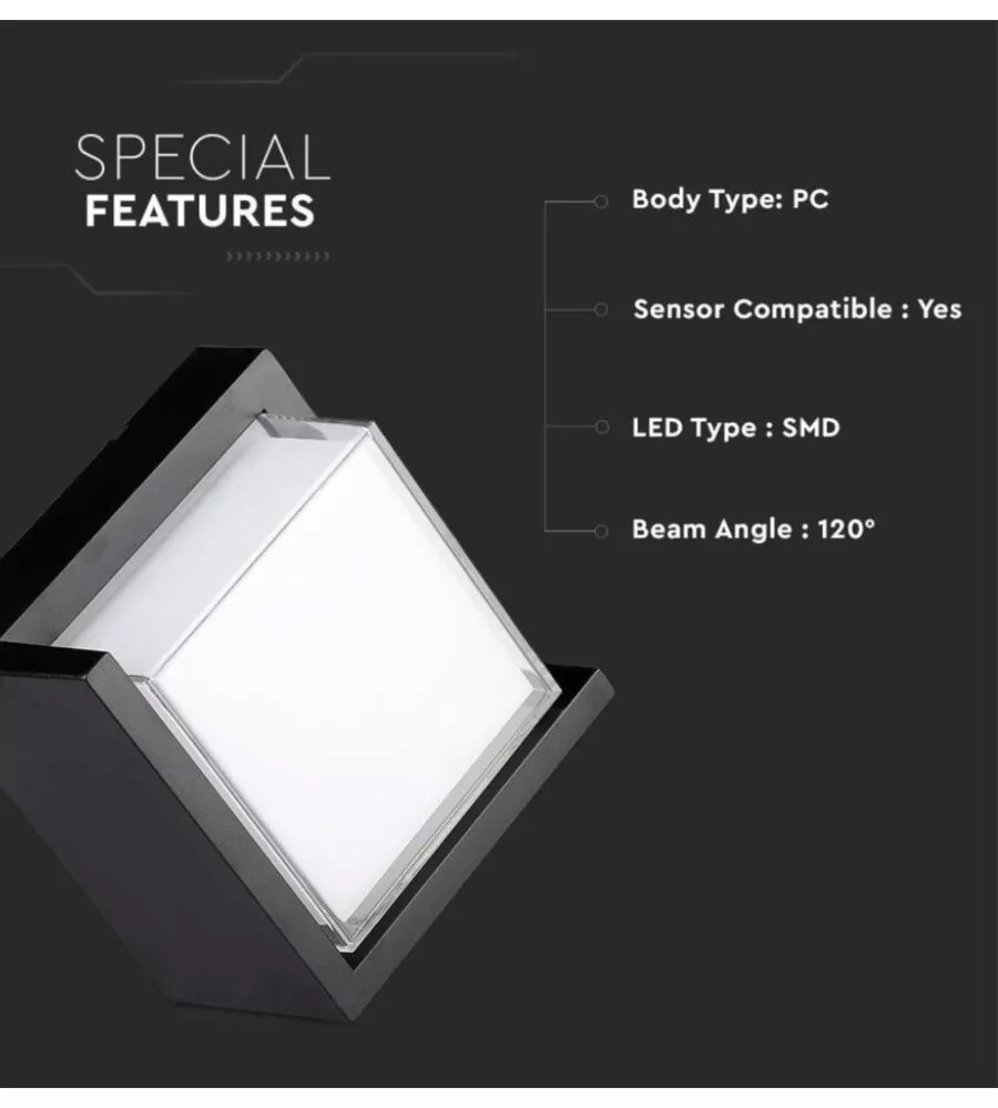 APPLIQUE LED DA ESTERNO QUADRATA SEMICOPERTA VTAC NERO 4000K 12W