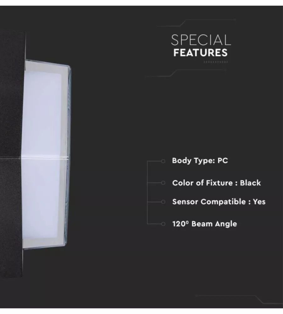 APPLIQUE LED DA ESTERNO QUADRATA SCOPERTA VTAC NERO 3000K 7W
