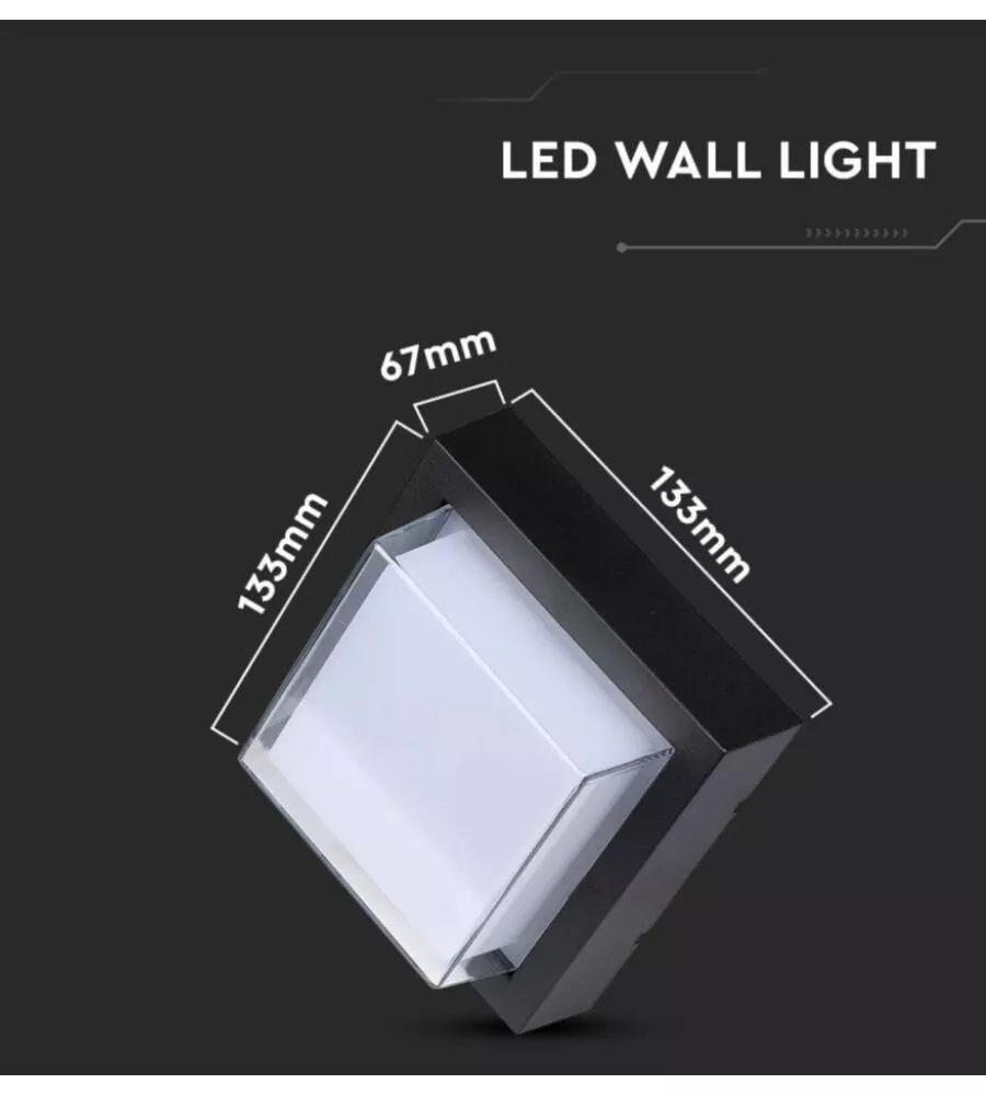 APPLIQUE LED DA ESTERNO QUADRATA SCOPERTA VTAC NERO 3000K 7W
