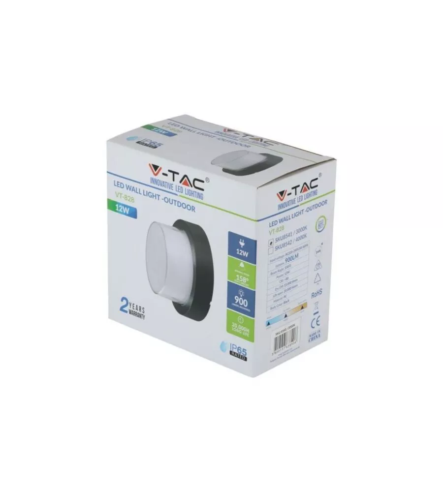 APPLIQUE LED DA ESTERNO ROTONDA SCOPERTA VTAC NERO 3000K 12W