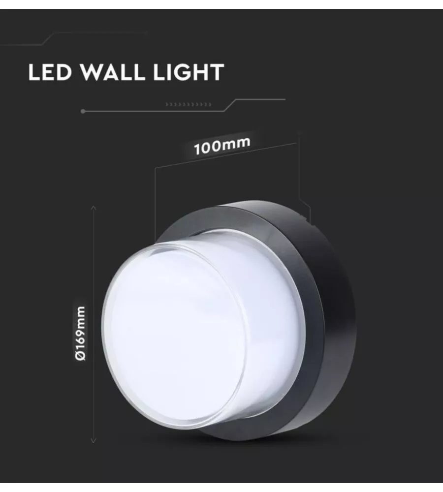 APPLIQUE LED DA ESTERNO ROTONDA SCOPERTA VTAC NERO 3000K 12W