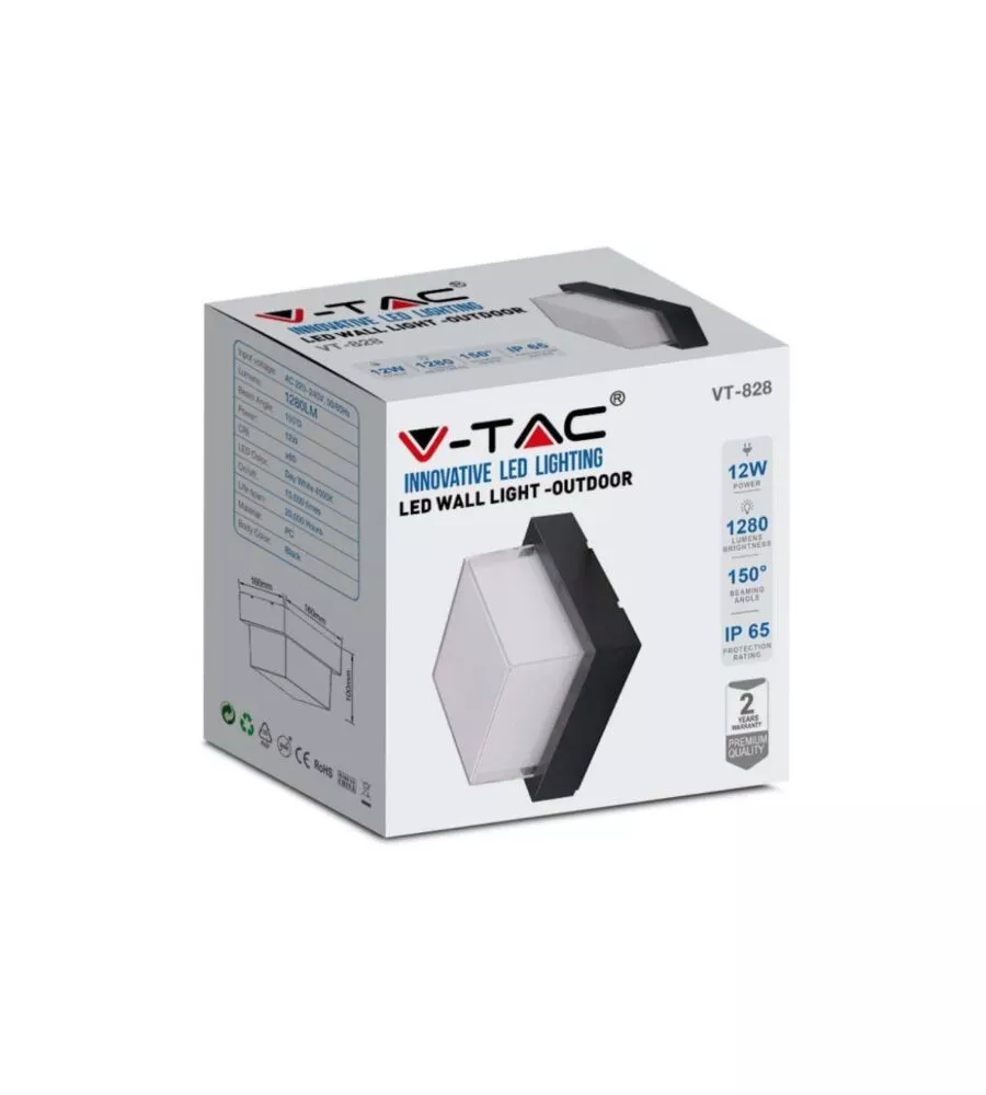 APPLIQUE LED DA ESTERNO QUADRATA SCOPERTA VTAC NERO 4000K 12W