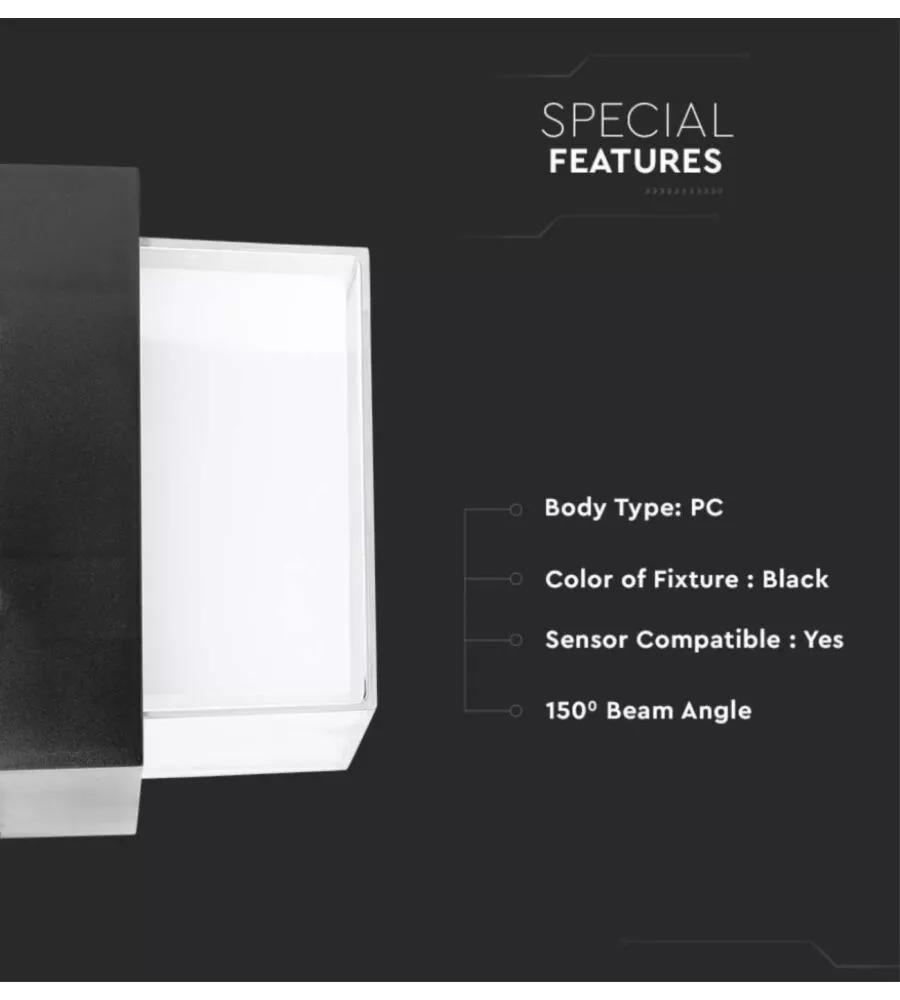 APPLIQUE LED DA ESTERNO QUADRATA SCOPERTA VTAC NERO 4000K 12W