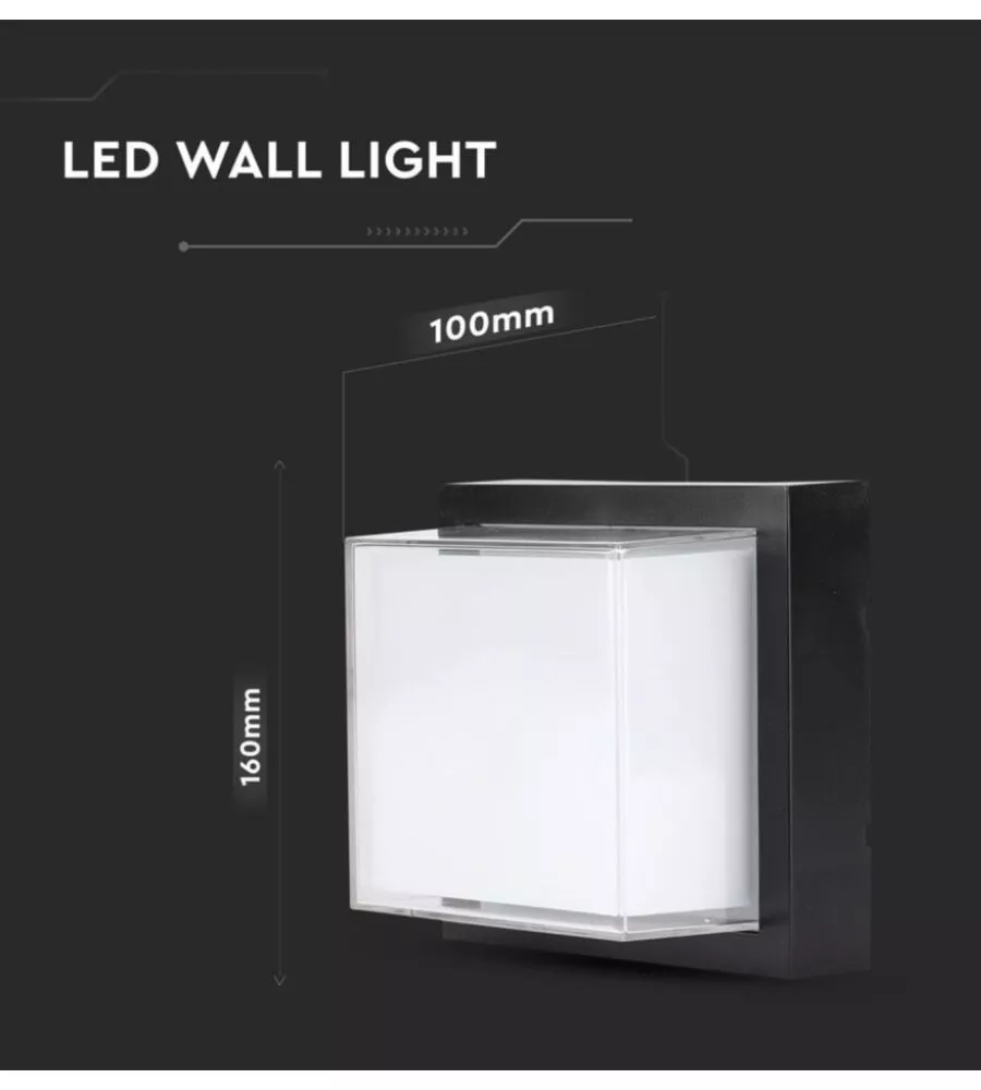 APPLIQUE LED DA ESTERNO QUADRATA SCOPERTA VTAC NERO 4000K 12W