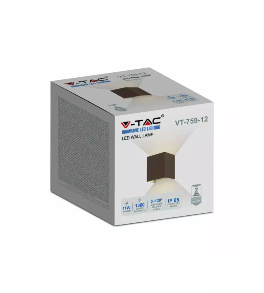 APPLIQUE LED DA ESTERNO QUADRATA A DOPPIO FASCIO LUMINOSO VTAC MARRONE 3000K