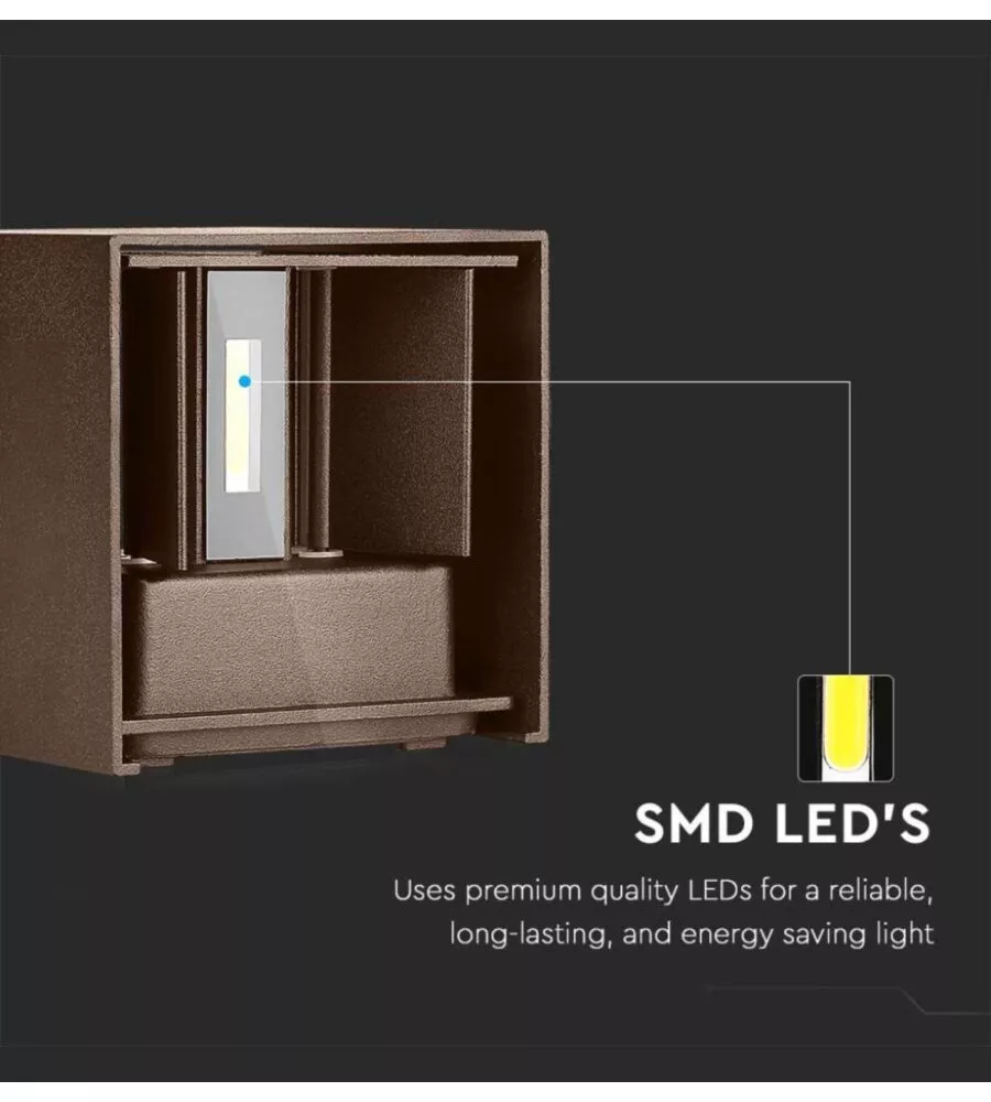 APPLIQUE LED DA ESTERNO QUADRATA A DOPPIO FASCIO LUMINOSO VTAC MARRONE 3000K