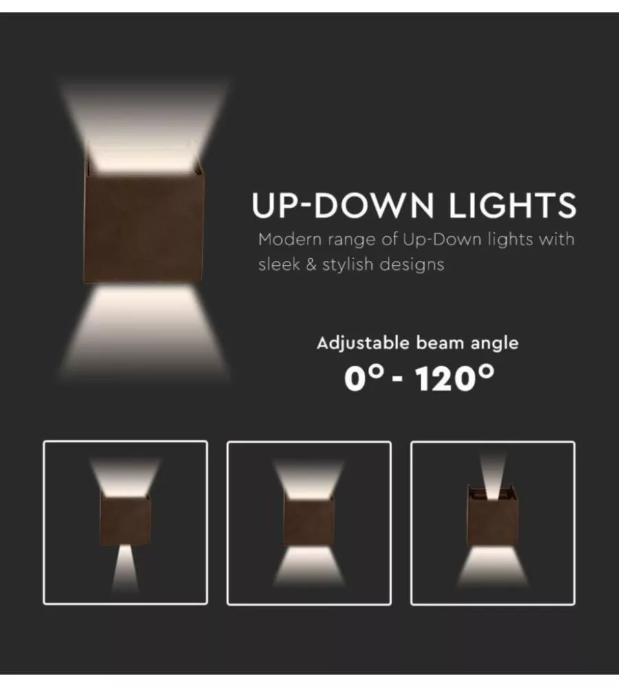 APPLIQUE LED DA ESTERNO QUADRATA A DOPPIO FASCIO LUMINOSO VTAC MARRONE 3000K