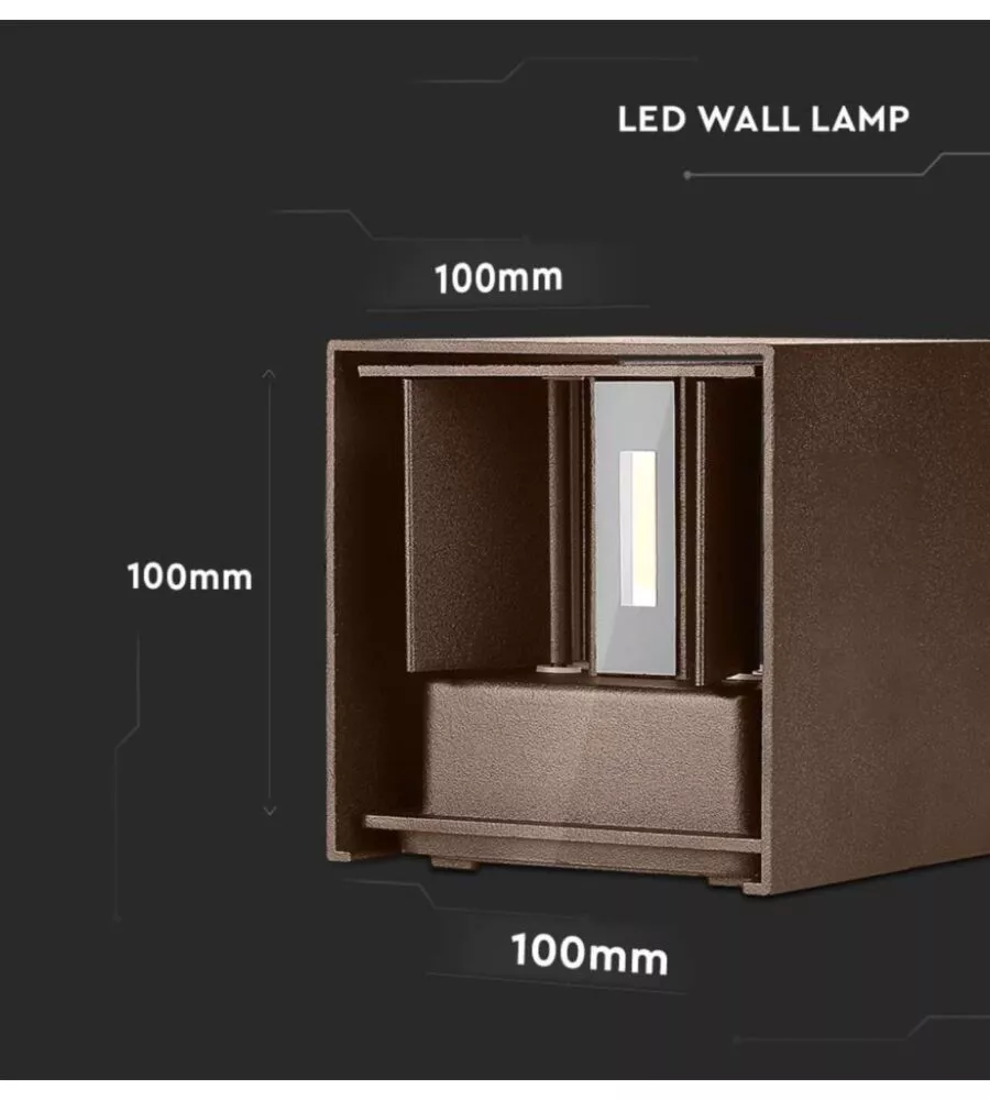 APPLIQUE LED DA ESTERNO QUADRATA A DOPPIO FASCIO LUMINOSO VTAC MARRONE 3000K