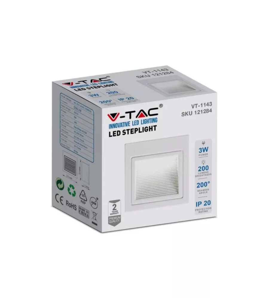 FARETTO LED SEGNAPASSO AD INCASSO DA ESTERNO QUADRATO VTAC BIANCO 4000K