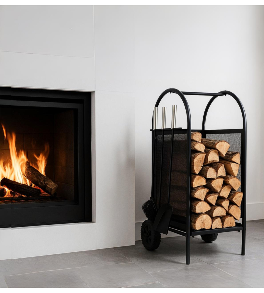 PORTALEGNA IN METALLO CON RUOTE NERO E 3 ACCESSORI