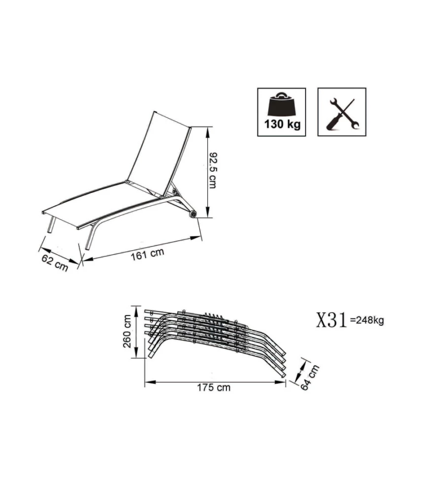 SDRAIO RECLINABILE E IMPILABILE ELICA GARDEN "ITACA" IN ALLUMINIO BIANCO 161X62X92,5 CM