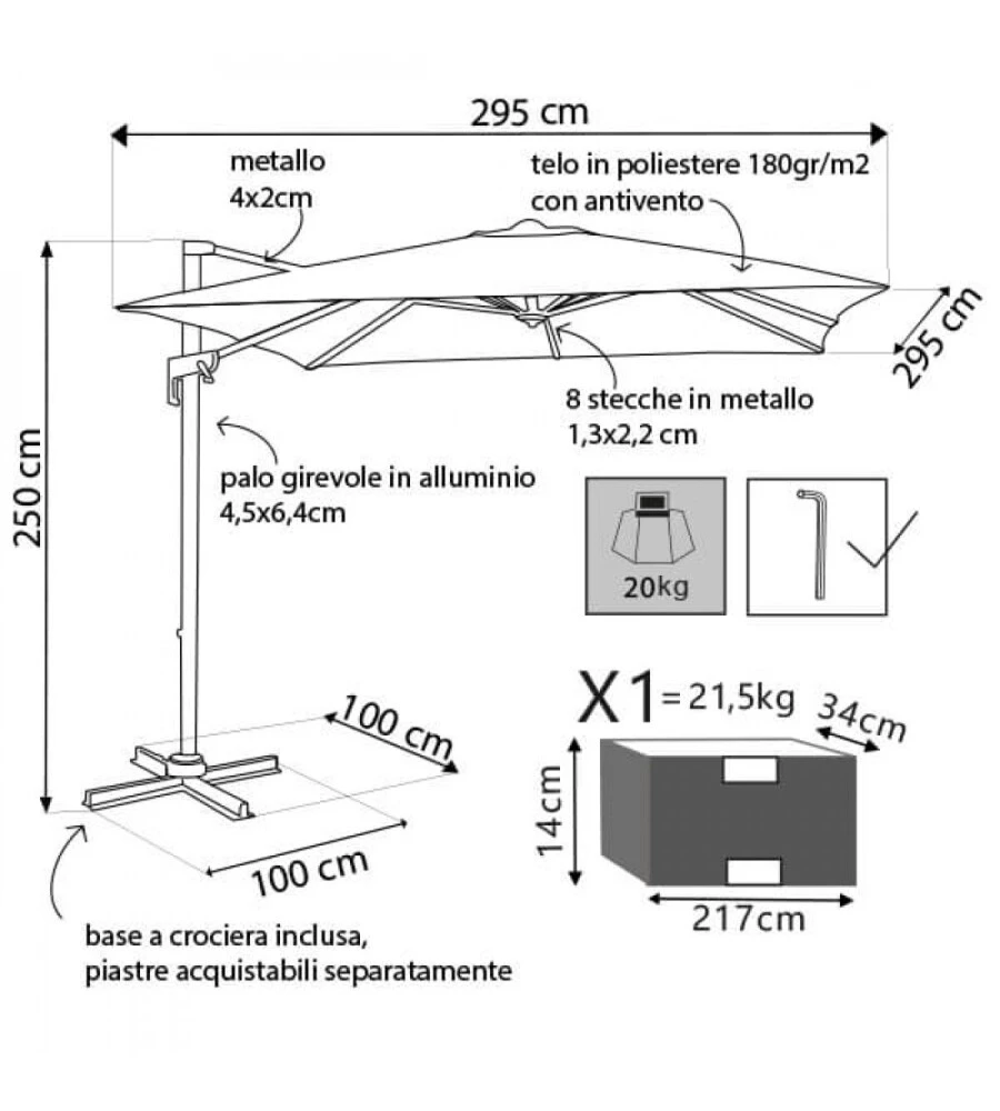 OMBRELLONE DA GIARDINO A BRACCIO LATERALE ELICA GARDEN "NEWTON" IN ALLUMINIO E POLIESTERE GRIGIO 200X300X250 CM