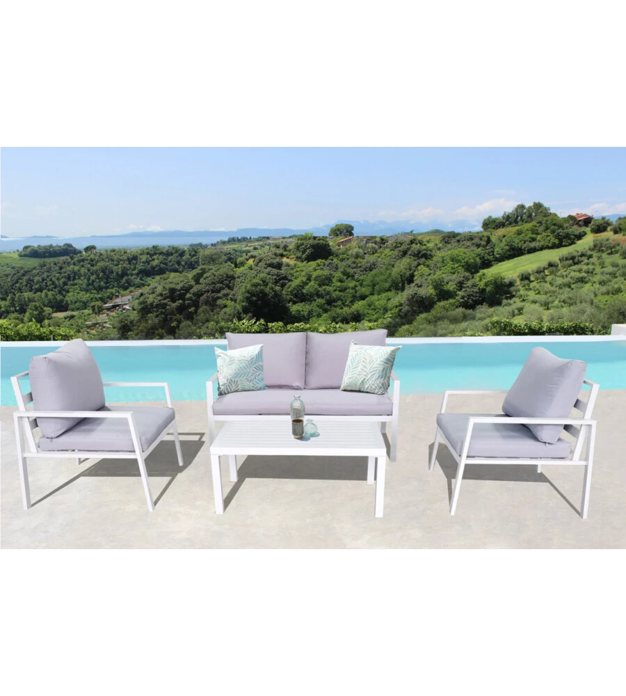 SET DA GIARDINO ELICA GARDEN "HELSINKI" IN ALLUMINIO BIANCO CON 2 POLTRONE, UN DIVANO E UN TAVOLINO