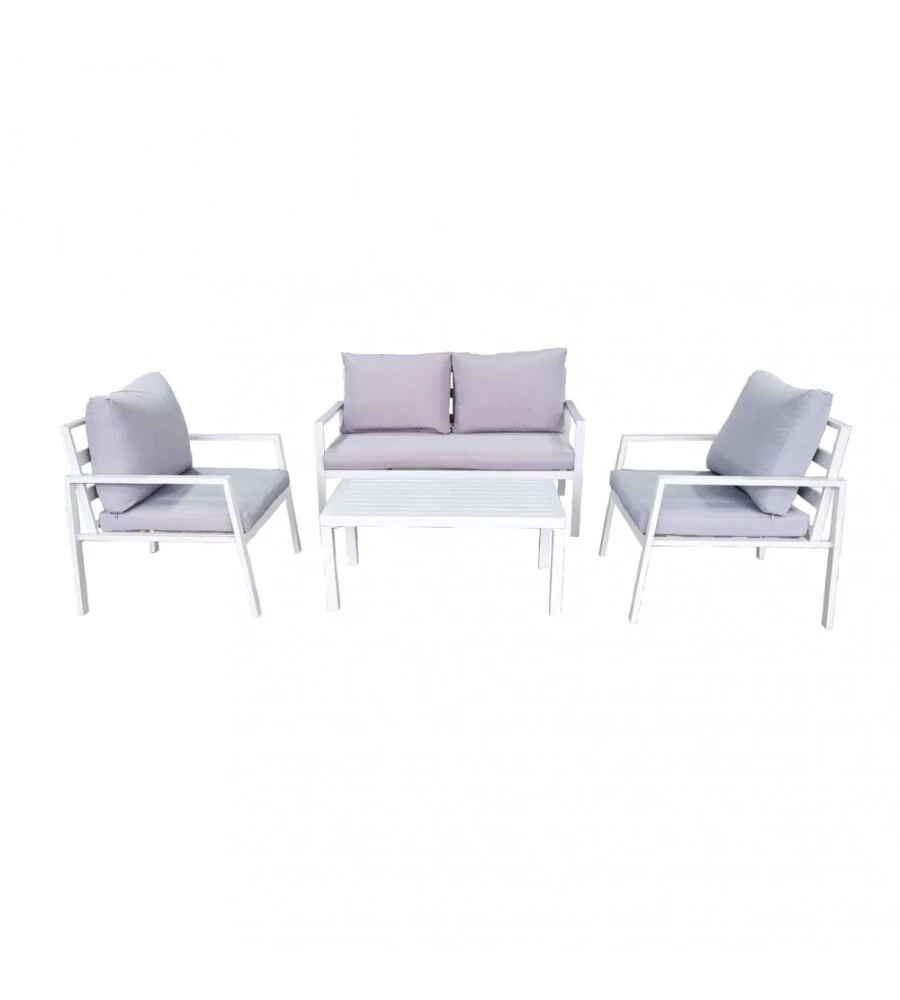 SET DA GIARDINO ELICA GARDEN "HELSINKI" IN ALLUMINIO BIANCO CON 2 POLTRONE, UN DIVANO E UN TAVOLINO